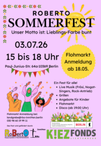 rosa plakat mit drei tanzenden Frauen unter einer Wimpelkette